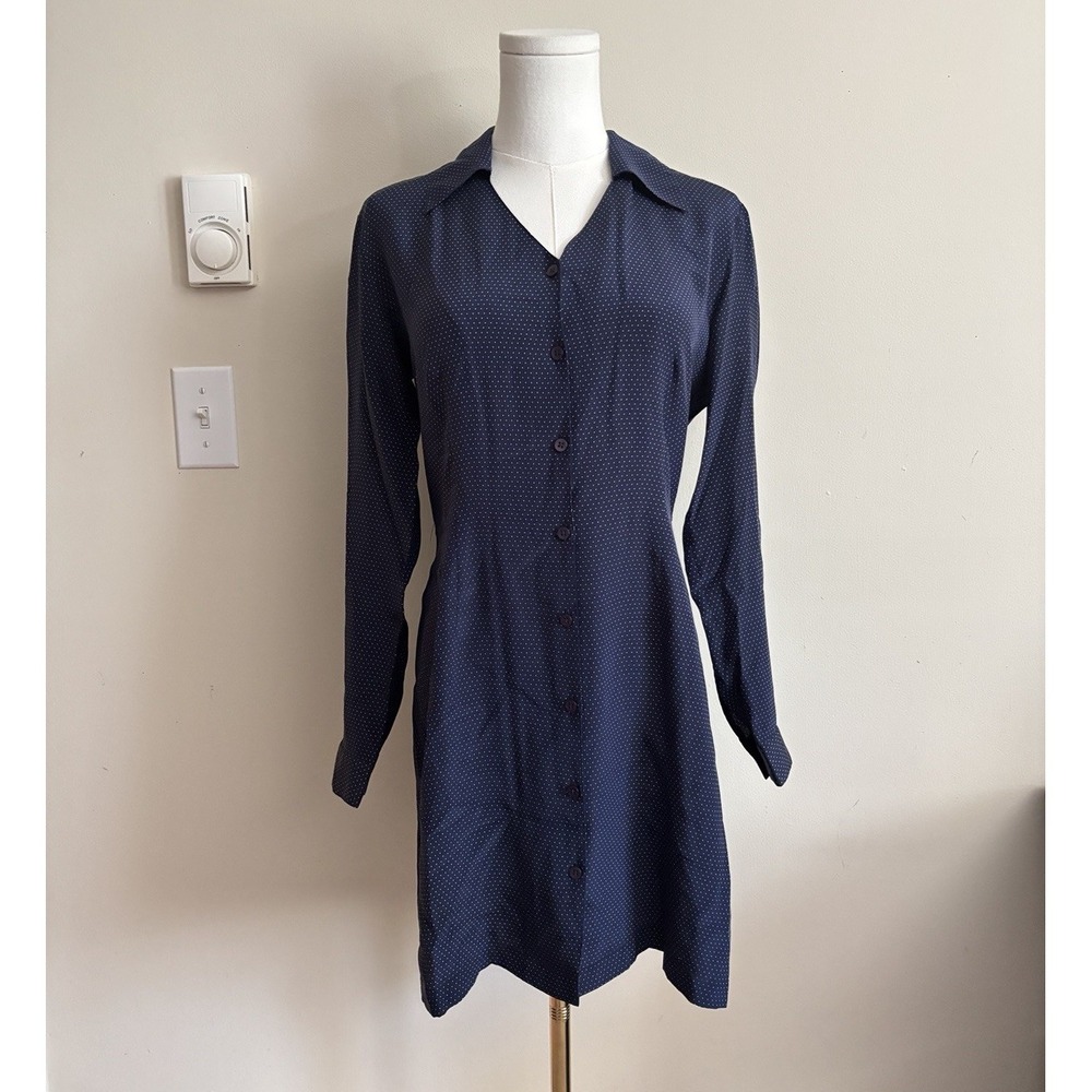 Vintage Y2K 100% Silk Polka Dot Button Up‎ Shirt Dress GAP Size 2 XS Blue Retro